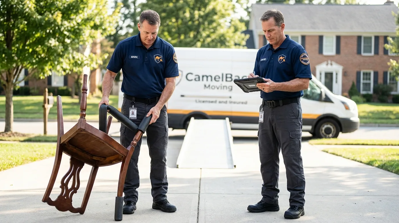 Movers inspecting furniture for damage prevention before loading in Monmouth Junction, NJ