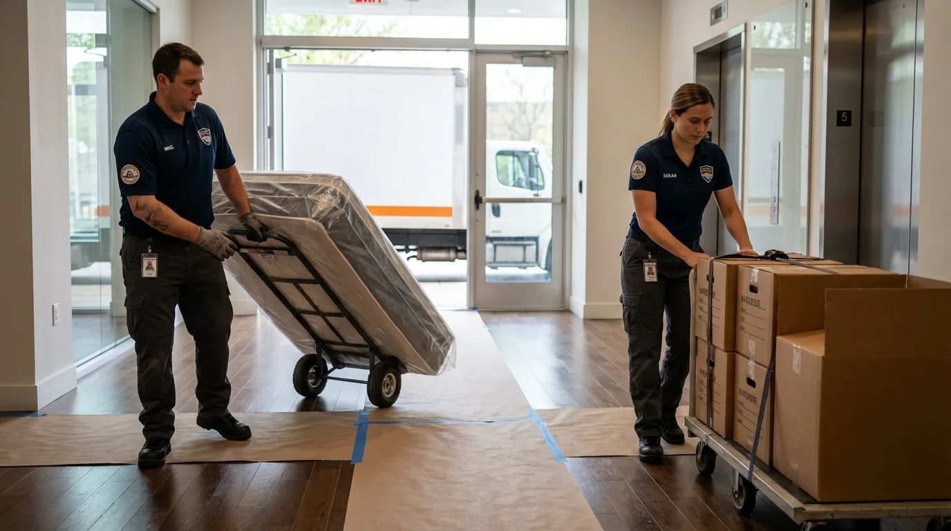 Professional apartment movers loading elevator in Monmouth Junction, NJ